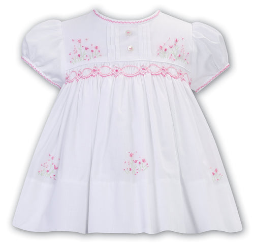 NEW SS24 Sarah Louise Girls White/Cerise Smocked Dress 013185