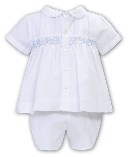 NEW SS24 Sarah Louise Boys White/Blue Smocked Outfit 013237