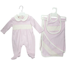 Load image into Gallery viewer, NEW AW25 Pink Smocked Babygrow, bib and blanket Set 10105