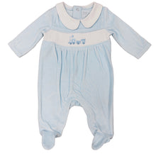 Load image into Gallery viewer, NEW SS24 Spanish Blue Velour Train Smocked Babygrow 13008