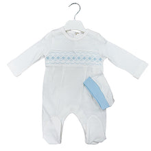 Load image into Gallery viewer, NEW SS24 Spanish White/Blue Smocked Babygrow and hat 15054