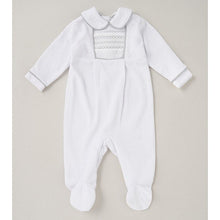 Load image into Gallery viewer, NEW SS24 Spanish White/Grey Velour Smocked Babygrow C06307