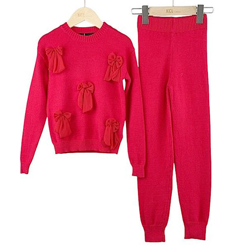 NEW AW24 Girls Red Knit Bow Lounge Set