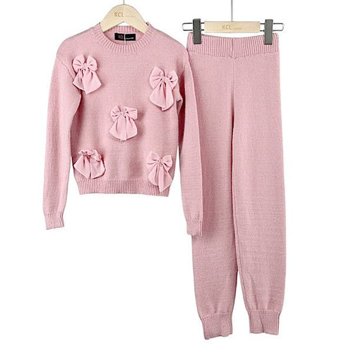 NEW AW24 Girls Pink Knit Bow Lounge Set