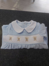 Load image into Gallery viewer, NEW SS24 Spanish Blue Velour Teddy Smocked Babygrow 13013
