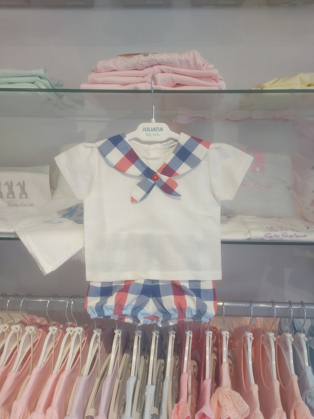 NEW SS24 Juliana Boys Red/Blue Checked Jam Pants Outfit 24182