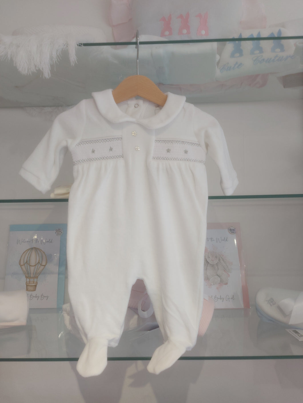 NEW AW24 Spanish Smocked Star Babygrow WHITE Unisex 21045