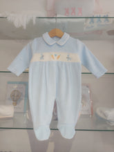 Load image into Gallery viewer, NEW AW24 Spanish Smocked Bunny Babygrow BLUE 13391