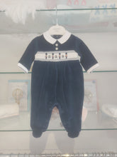 Load image into Gallery viewer, NEW AW24 Blues Baby Navy Velour Smocked Soldier Babygrow BB1418