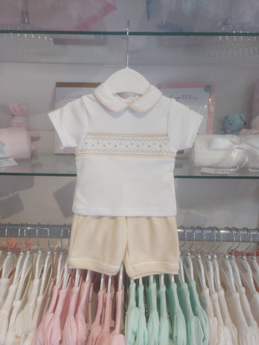 NEW SS25 Spanish Boys Smocked Shorts Set SG301 White/Beige