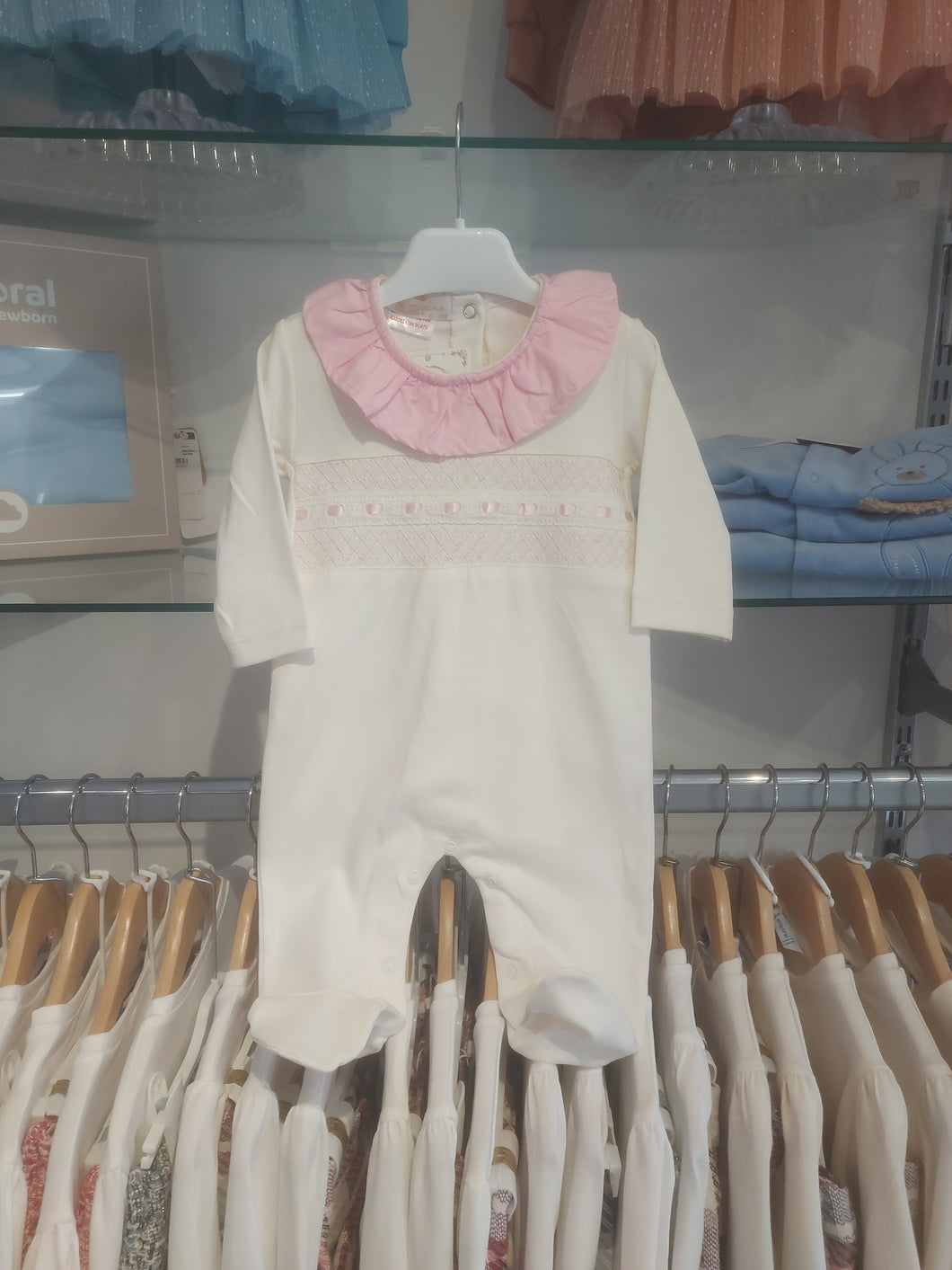 NEW AW25 Ivory/Pink Smocked Babygrow 10102