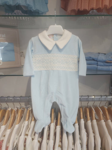 NEW AW25 Blue Velour Smocked Babygrow 10106