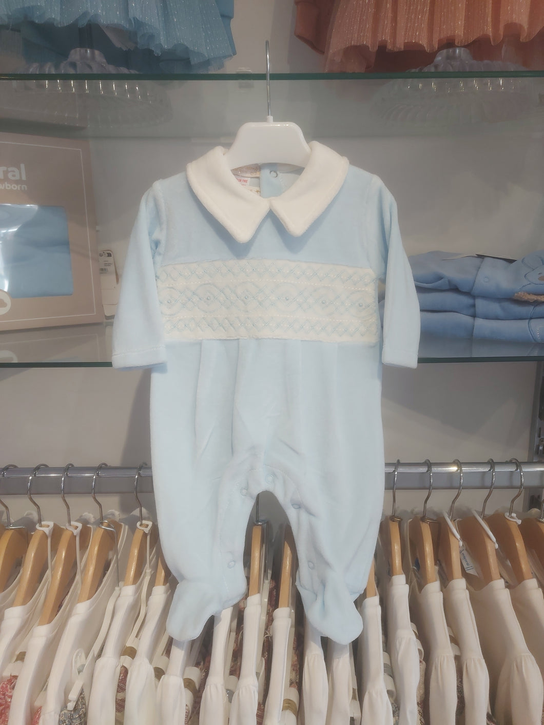 NEW AW25 Blue Velour Smocked Babygrow 10106