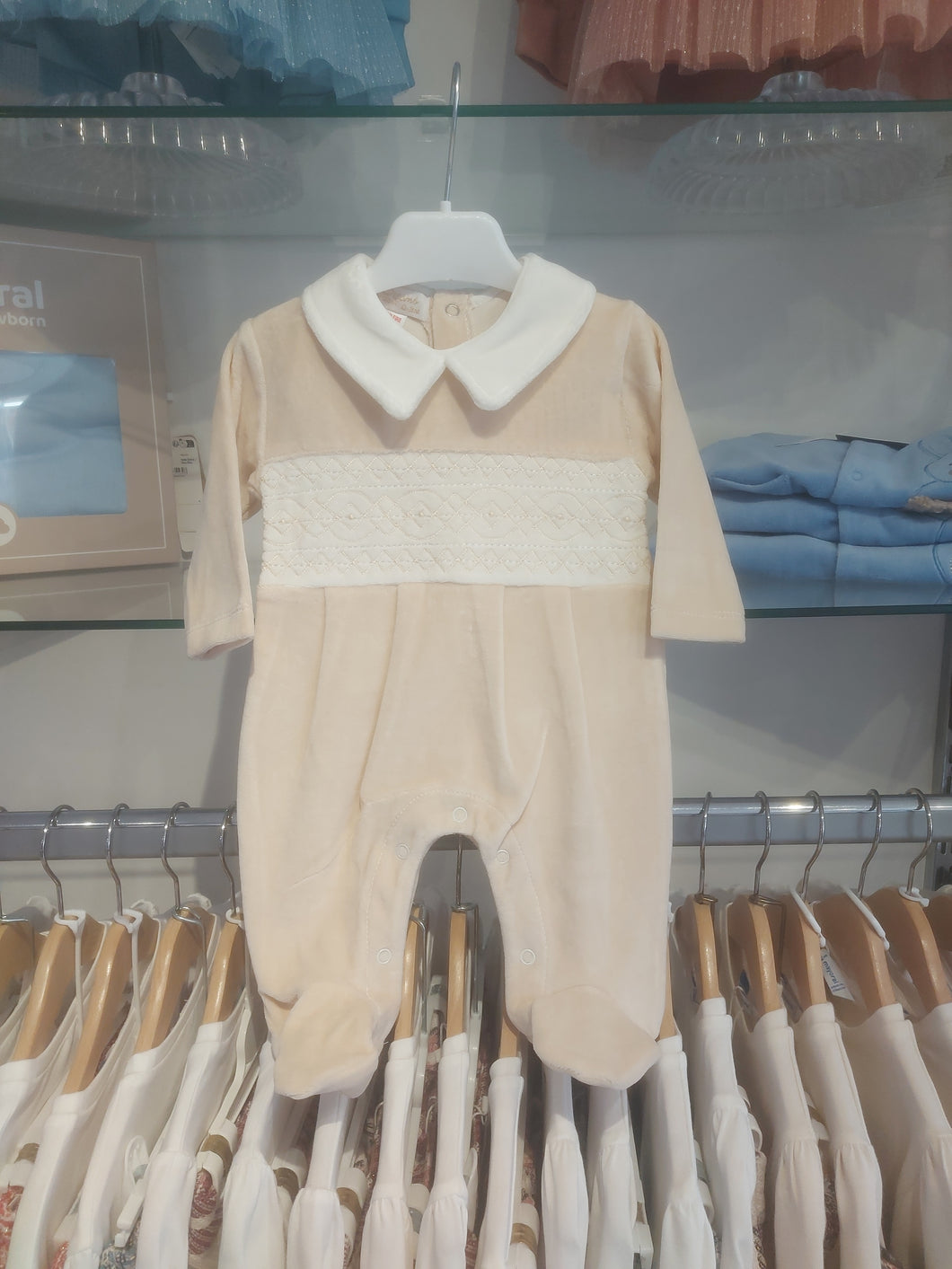 NEW AW25 Beige Velour Smocked Babygrow 10106 BEIGE