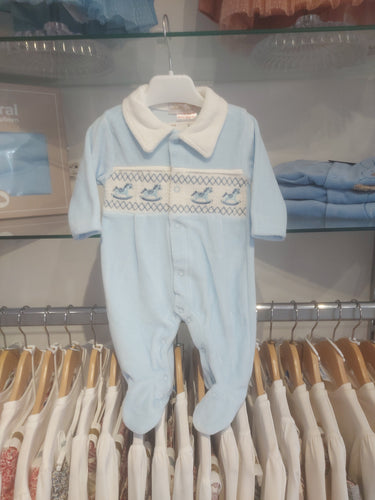 NEW AW25 Blue Velour Smocked Rocking Horse Babygrow 10108 BLUE