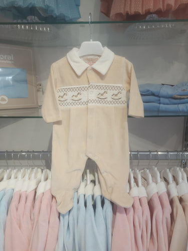 NEW AW25 Beige Velour Smocked Rocking Horse Babygrow 10108 BEIGE