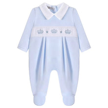 Load image into Gallery viewer, NEW AW26 Boys Blue Crown Smocked Babygrow LD006