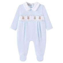 Load image into Gallery viewer, NEW AW26 Boys Blue Velour Smocked Teddy Babygrow LD001