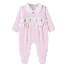 Load image into Gallery viewer, NEW AW26 Girls Pink Velour Smocked Teddy Babygrow LD001