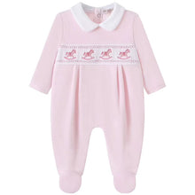 Load image into Gallery viewer, NEW AW26 Girls Pink Velour Smocked Rocking Horse Babygrow LD002