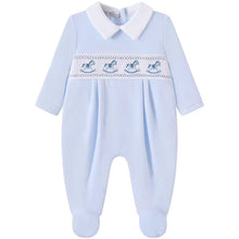 Load image into Gallery viewer, NEW AW26 Boys Blue Velour Smocked Rocking Horse Babygrow LD002