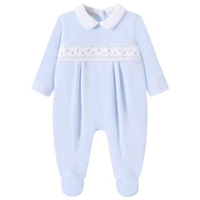 Load image into Gallery viewer, NEW AW26 Boys Blue Velour Smocked Polka Dot Babygrow LD004