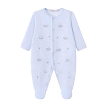 Load image into Gallery viewer, NEW AW26 Boys Blue Velour Crown Embroided Babygrow LD005