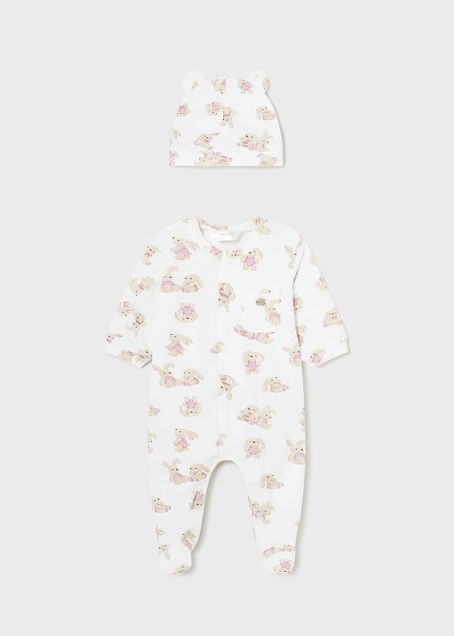 NEW SS24 Mayoral Girls Bunny Babygrow and Hat Set Rose Pink/91 1721
