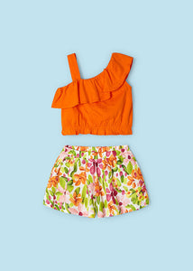 NEW SS24 Mayoral Girls Crepe Shorts Set Orange/17 3262