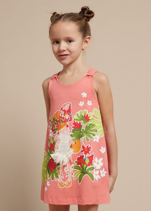 NEW SS24 Mayoral Girls Printed Dress Coral/84 3943