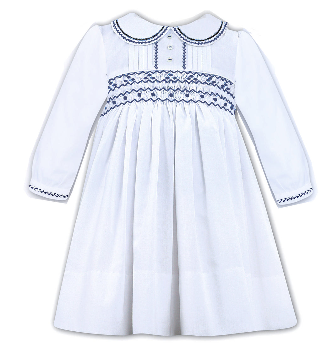 NEW AW25 Sarah Louise Girls Smocked Dress C6007 White/Navy