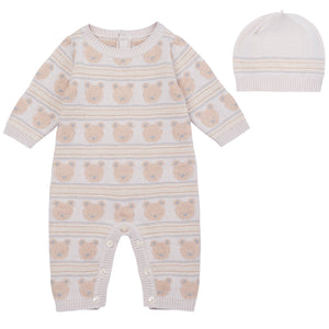 NEW AW24 Emile et Rose Harry Knitted Teddy Romper and Hat Stone 2591