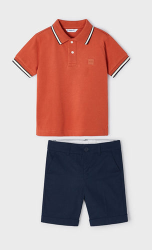 NEW SS24 Mayoral Boys Polo Top and Linen Shorts Set Chilli/Navy 71/77 3103/3267
