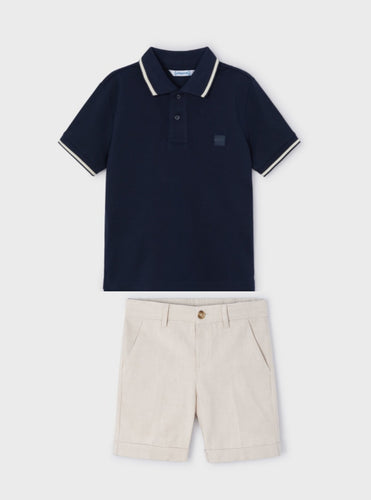 NEW SS24 Mayoral Boys Polo Top and Linen Shorts Set Navy/Stone 73/76 3103/3267
