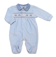 Load image into Gallery viewer, NEW SS24 Spanish Blue Velour Car Smocked Babygrow 8661