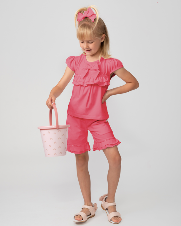 PRE ORDER - NEW SS24 Caramelo Girls Tiered Frill Shorts Set with Headband HOT PINK 349034