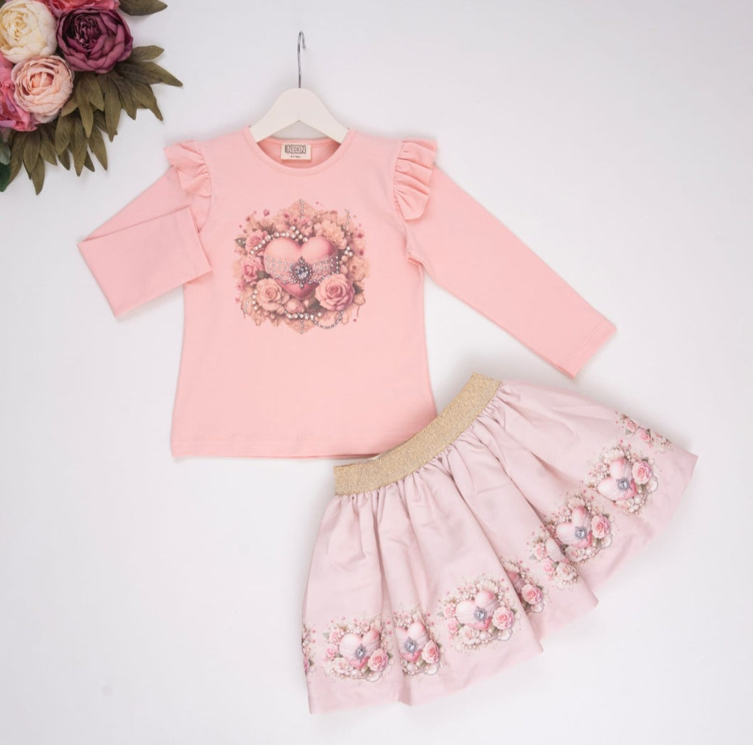 NEW AW24 Neon Kid Floral Heart Skirt Set PINK