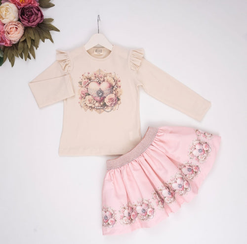 NEW AW24 Neon Kid Floral Heart Skirt Set MINK/PINK