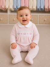 Load image into Gallery viewer, NEW AW26 Girls Pink Crown Smocked Babygrow LD006