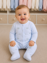 Load image into Gallery viewer, NEW AW26 Boys Blue Velour Crown Embroided Babygrow LD005