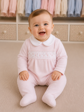 Load image into Gallery viewer, NEW AW26 Girls Pink Velour Smocked Polka Dot Babygrow LD004