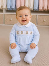 Load image into Gallery viewer, NEW AW26 Boys Blue Velour Smocked Teddy Babygrow LD001