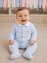 Load image into Gallery viewer, NEW AW26 Boys Blue Velour Teddy Embroided Babygrow LD018
