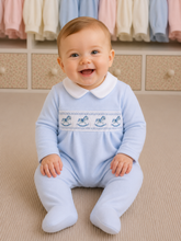 Load image into Gallery viewer, NEW AW26 Boys Blue Velour Smocked Rocking Horse Babygrow LD002
