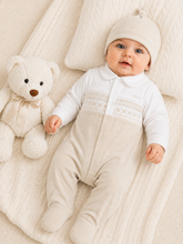 Load image into Gallery viewer, NEW AW26 Blues Baby Velour Smocked Babygrow with hat BB3109 BEIGE