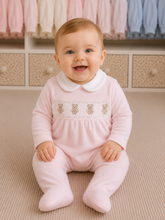 Load image into Gallery viewer, NEW AW26 Girls Pink Velour Smocked Teddy Babygrow LD001