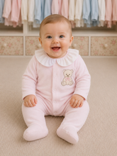 Load image into Gallery viewer, NEW AW26 Girls Pink Velour Teddy Embroided Babygrow LD017