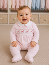 Load image into Gallery viewer, NEW AW26 Girls Pink Velour Smocked Rocking Horse Babygrow LD002
