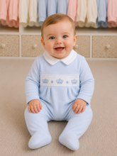 Load image into Gallery viewer, NEW AW26 Boys Blue Crown Smocked Babygrow LD006