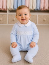 Load image into Gallery viewer, NEW AW26 Boys Blue Velour Smocked Polka Dot Babygrow LD004